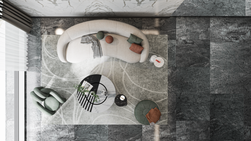 Salon d'architecte en marbre gris et Neolith Open Book au Maroc