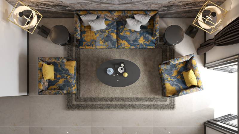 Salon art déco en marbre luxueux gris au mur et dalles de marbre beige haut de gamme au sol